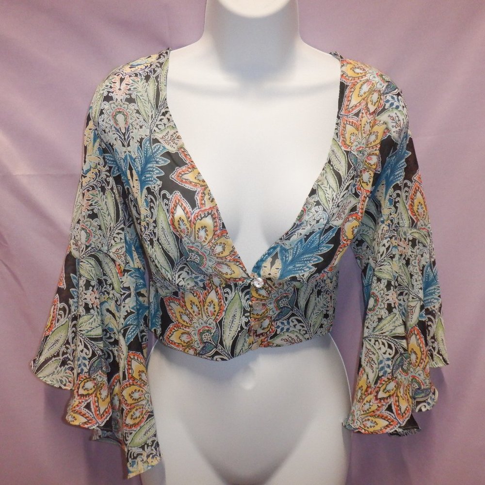 Floral Boho Bell Sleeve Cropped Blouse L